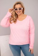 Bluzka damska Plus Size przecierana z dekoltem V i dłuższym tyłem jasno różowa