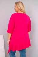 Bluzka damska Plus Size z bawełną z falbaną i rękawem podwijanym fuksja