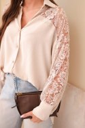 Koszula damska wiskozowa z koronkowymi rękawami i kołnierzykiem beżowa
