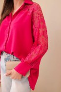 Koszula damska wiskozowa z koronkowymi rękawami i kołnierzykiem fuksja
