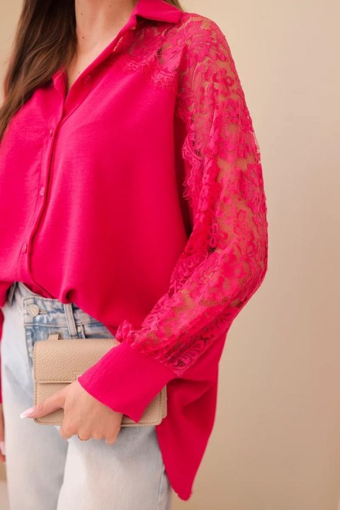 Koszula damska wiskozowa z koronkowymi rękawami i kołnierzykiem fuksja