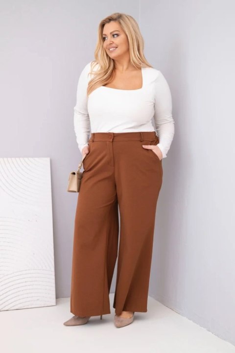 Spodnie damskie Plus Size z szeroką nogawką i wysokim stanem ciemno camelowe