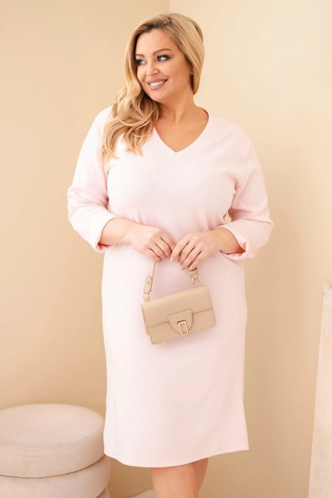 Sukienka damska Plus Size masełkowa z dekoltem V i rękawem pudrowy róż