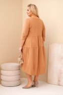 Sukienka damska bawełniana Plus Size z falbanami i podwiniętym rękawem camelowa