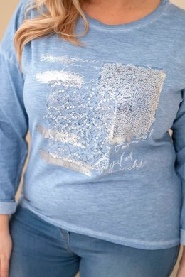 Bluzka damska Plus Size przecierana z nadrukiem i dłuższym tyłem jeansowa