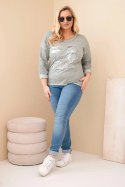 Bluzka damska Plus Size przecierana z nadrukiem i dłuższym tyłem khaki