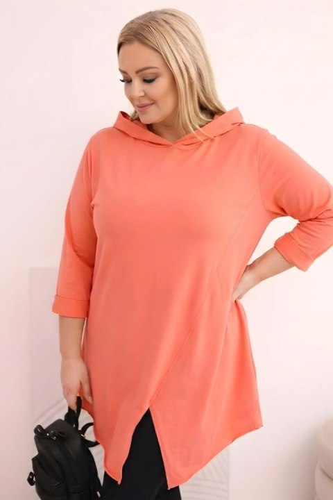Bluzka damska bawełniana Plus Size asymetryczna z podwijanym rękawem morelowa