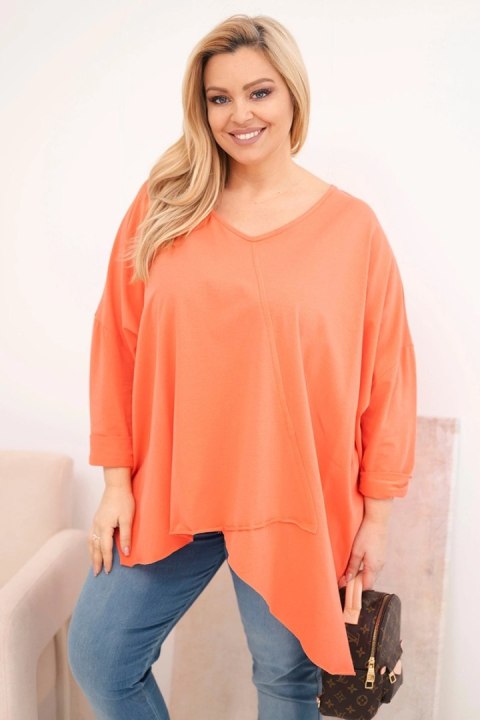 Bluzka damska bawełniana Plus Size z asymetrycznym dołem i dekoltem V morelowa