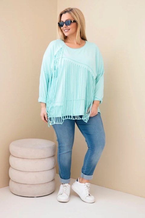 Bluzka damska bawełniana Plus Size z frędzlami miętowa