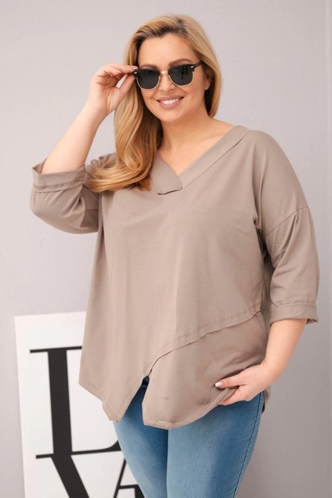 Bluzka damska bawełniana Plus Size z głębokim dekoltem V i asymetrycznym dołem fango