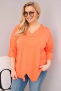 Bluzka damska bawełniana Plus Size z głębokim dekoltem V i asymetrycznym dołem morelowa