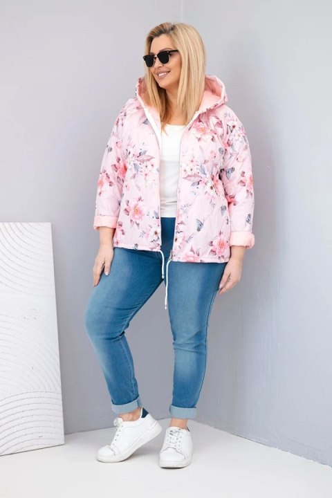 Kurtka damska wiosenna pikowana Plus Size z kapturem i kwiatowym wzorem pudrowy róż