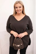 Bluzka damska bawełniana Plus Size z dekoltem V i podwijanym rękawem brązowa