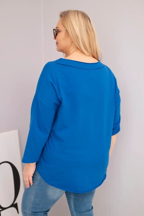 Bluzka damska bawełniana Plus Size z głębokim dekoltem V i asymetrycznym dołem chabrowa