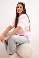 Sweter damski w paski z kołnierzem i krótkim rękawem ecru