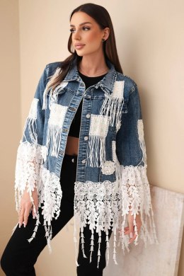 Kurtka jeansowa damska bawełniana z frędzlami i koronką w stylu boho ciemno jeansowa