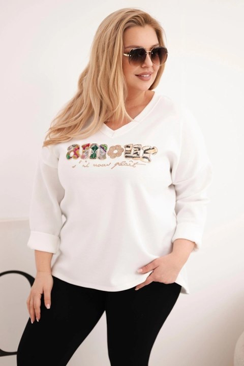 Bluza damska Plus Size z napisem i dekoltem V ecru