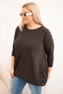 Bluzka damska Plus Size z bawełny z ozdobnymi guzikami i podwijanymi rękawami brązowa