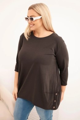 Bluzka damska Plus Size z bawełny z ozdobnymi guzikami i podwijanymi rękawami brązowa