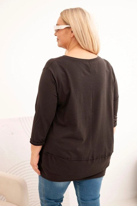 Bluzka damska Plus Size z bawełny z ozdobnymi guzikami i podwijanymi rękawami brązowa