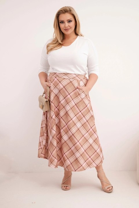 Spódnica damska Plus Size w kratę z szerokim dołem camelowa