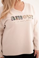 Bluza damska Plus Size z napisem i dekoltem V beżowa