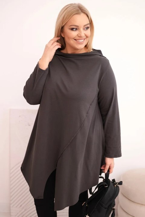 Bluzka damska bawełniana Plus Size asymetryczna z podwijanym rękawem grafitowa