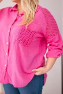 Koszula damska bawełniana Plus Size z kołnierzykiem i koronkową wstawką różowa