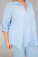 Komplet damski muślinowy Plus Size z koszulą zapinaną na guziki i spodniami z szeroką nogawką niebieski