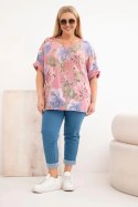 Bluzka damska bawełniana Plus Size z krótkim rękawem i kwiatowym wzorem ciemno różowa