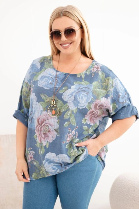 Bluzka damska bawełniana Plus Size z krótkim rękawem i kwiatowym wzorem jeansowa