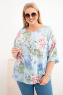 Bluzka damska bawełniana Plus Size z krótkim rękawem i kwiatowym wzorem niebieska