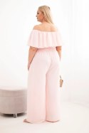 Kombinezon damski wiskozowy Plus Size hiszpanka z falbaną i szeroką nogawką pudrowy róż