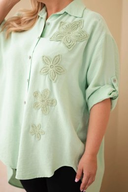 Koszula damska Plus Size z wiskozy z haftem kwiatowym ciemno miętowa