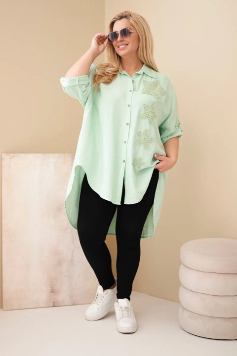 Koszula damska Plus Size z wiskozy z haftem kwiatowym ciemno miętowa