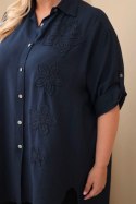 Koszula damska Plus Size z wiskozy z haftem kwiatowym granatowa