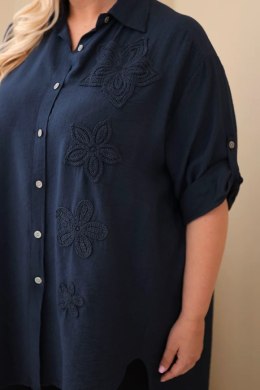 Koszula damska Plus Size z wiskozy z haftem kwiatowym granatowa
