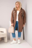 Płaszcz damski Plus Size z kapturem zapinany na guziki brązowy
