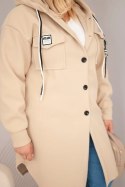 Płaszcz damski Plus Size z kapturem zapinany na guziki ciemny beżowy
