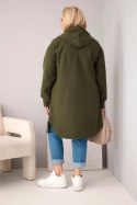 Płaszcz damski Plus Size z kapturem zapinany na guziki khaki