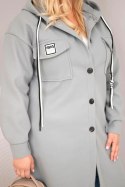 Płaszcz damski Plus Size z kapturem zapinany na guziki szary