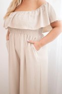 Kombinezon damski Plus Size z falbaną i krótkim rękawem beżowy
