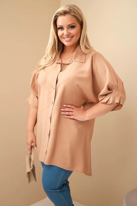 Koszula damska Plus Size bawełniana z guzikami i kołnierzem camelowa
