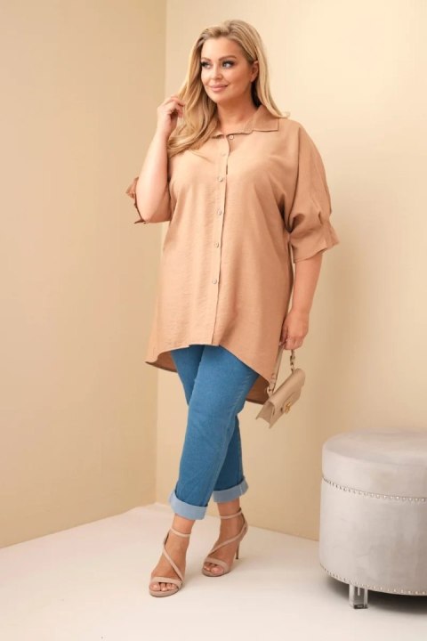 Koszula damska Plus Size bawełniana z guzikami i kołnierzem camelowa