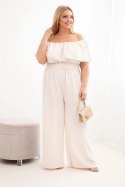 Kombinezon damski wiskozowy Plus Size hiszpanka z falbaną i szeroką nogawką beżowy