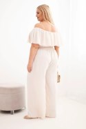 Kombinezon damski wiskozowy Plus Size hiszpanka z falbaną i szeroką nogawką beżowy