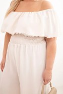 Kombinezon damski wiskozowy Plus Size hiszpanka z falbaną i szeroką nogawką beżowy
