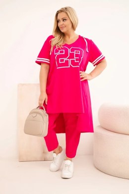 Komplet damski bawełniany Plus Size z bluzką z kapturem i spodniami fuksja