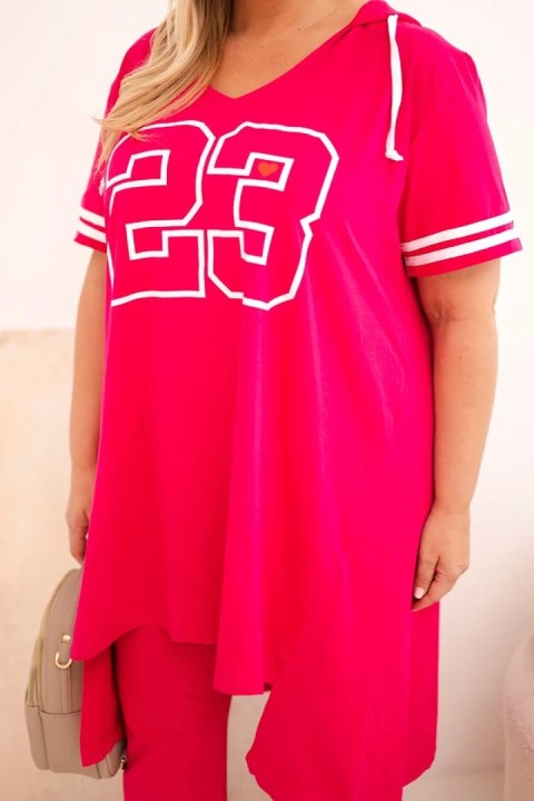 Komplet damski bawełniany Plus Size z bluzką z kapturem i spodniami fuksja
